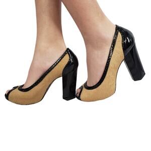 Diane Von Furstenberg Fur & Leather Peep Toe Block Heels Size 6.5M